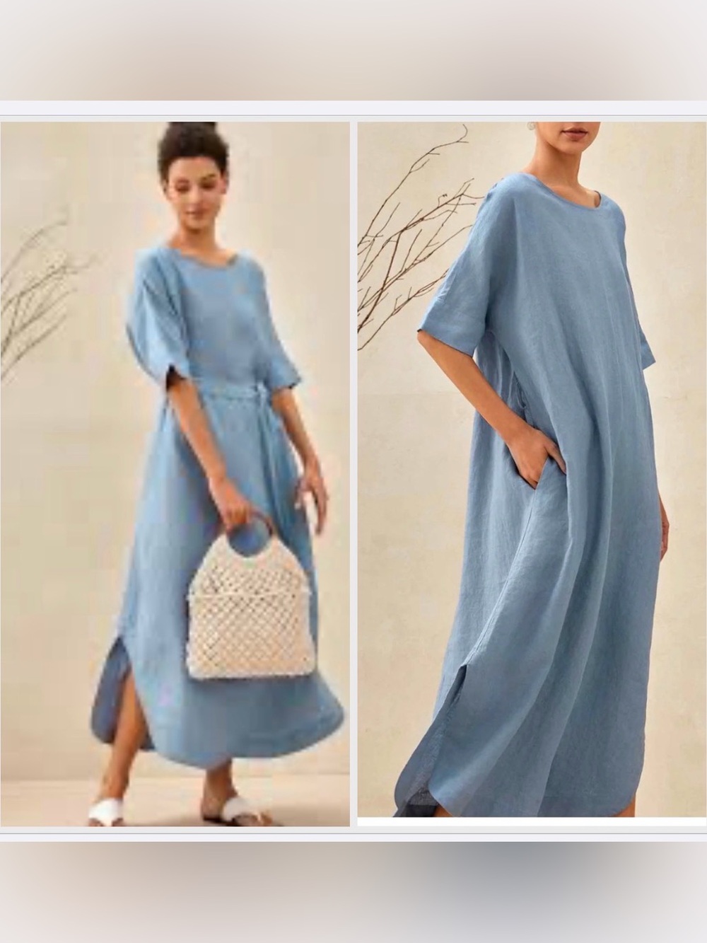 Lintico kimono maxi Dress powder Blue 100% Linen‎ Minimalist Lagenlook M belted